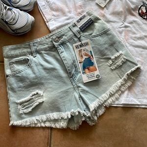 New REWASH Wedge Light Wash Super High Rise Distressed Cut Off Jean Short Siz 29